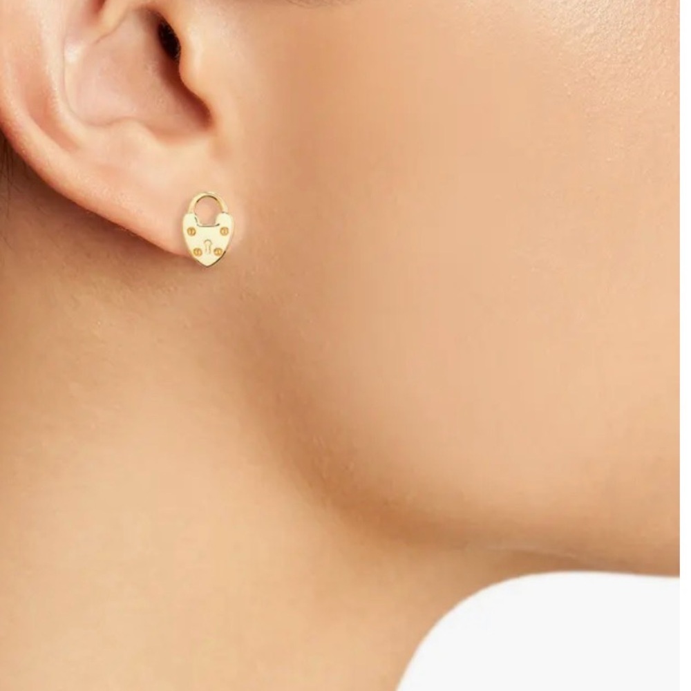 All saints Gold Heart Padlock Stud Earrings - Elegant Women's Jewelry - Picture 5 of 5